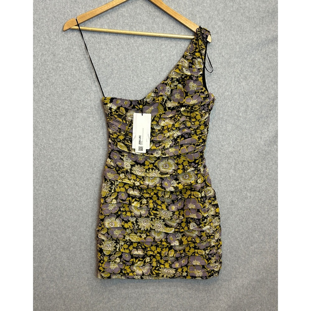 Zara Size XS One Shoulder Mini Dress Yellow Floral Metallic Ruched Bodycon NWT